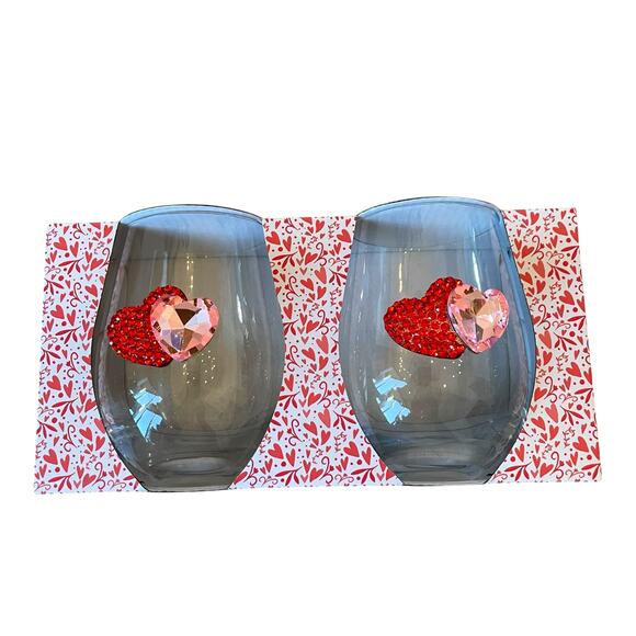 Valentines Day Jeweled HEARTS Stemless Wine Glasses Set of 2 Red & Pink New - Picture 5 of 14